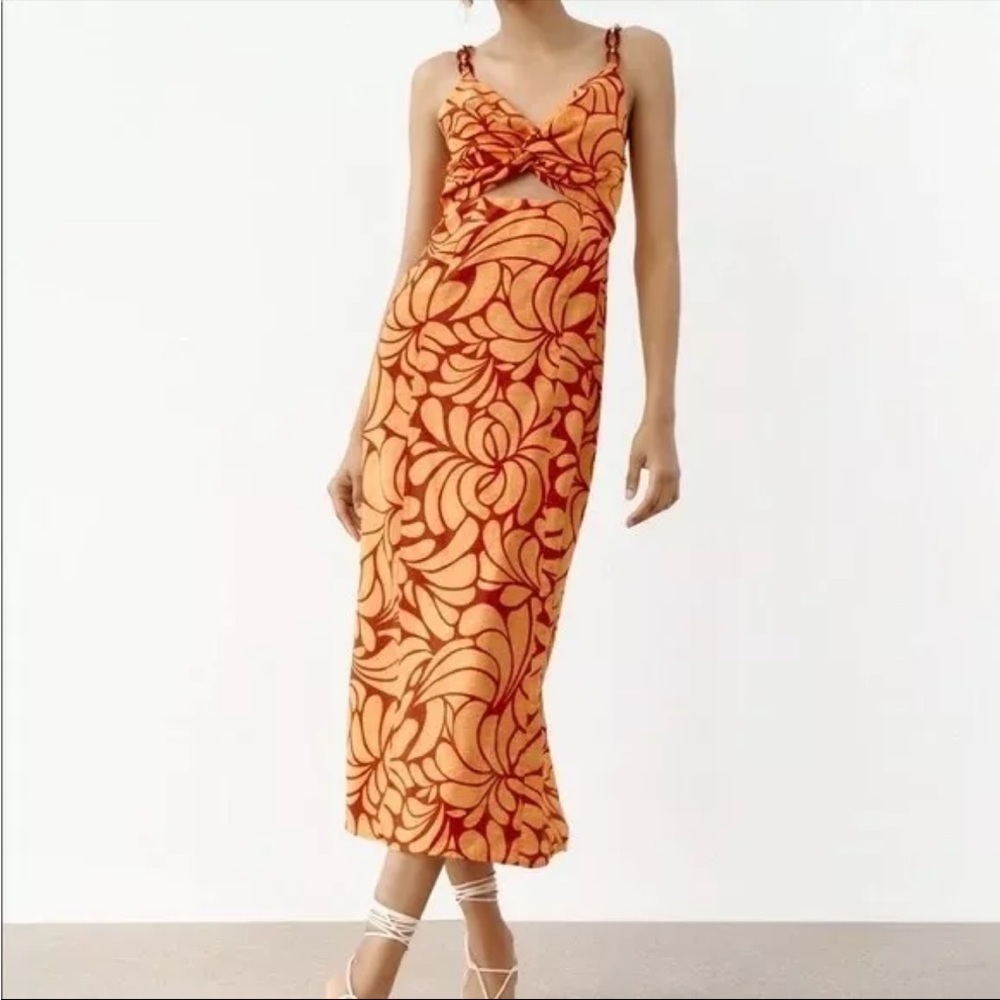 ZARA Women Cut Out Orange‎ Floral Chain Strap Print Midi Dress